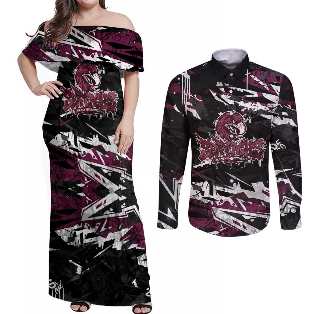 Personalized Manly Warringah Sea Eagles Couples Matching Off Shoulder Maxi Dress and Long Sleeve Button Shirt Graffiti Grunge Abstract Urban Street Style Design