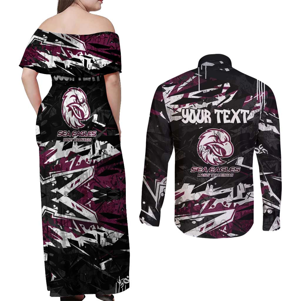 Personalized Manly Warringah Sea Eagles Couples Matching Off Shoulder Maxi Dress and Long Sleeve Button Shirt Graffiti Grunge Abstract Urban Street Style Design
