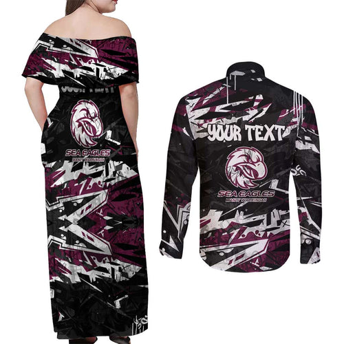Personalized Manly Warringah Sea Eagles Couples Matching Off Shoulder Maxi Dress and Long Sleeve Button Shirt Graffiti Grunge Abstract Urban Street Style Design