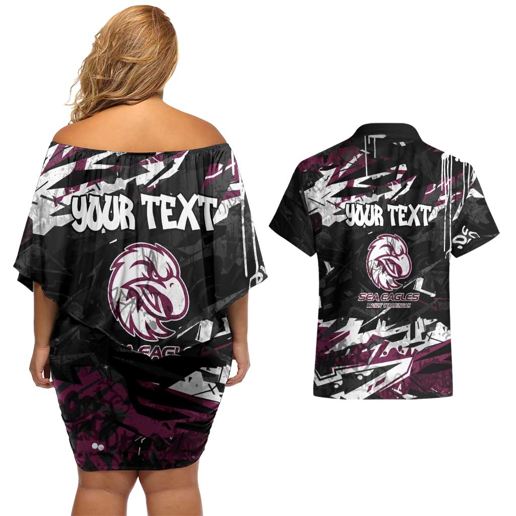 Personalized Manly Warringah Sea Eagles Couples Matching Off Shoulder Short Dress and Hawaiian Shirt Graffiti Grunge Abstract Urban Street Style Design
