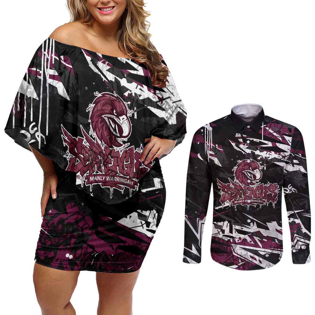 Personalized Manly Warringah Sea Eagles Couples Matching Off Shoulder Short Dress and Long Sleeve Button Shirt Graffiti Grunge Abstract Urban Street Style Design