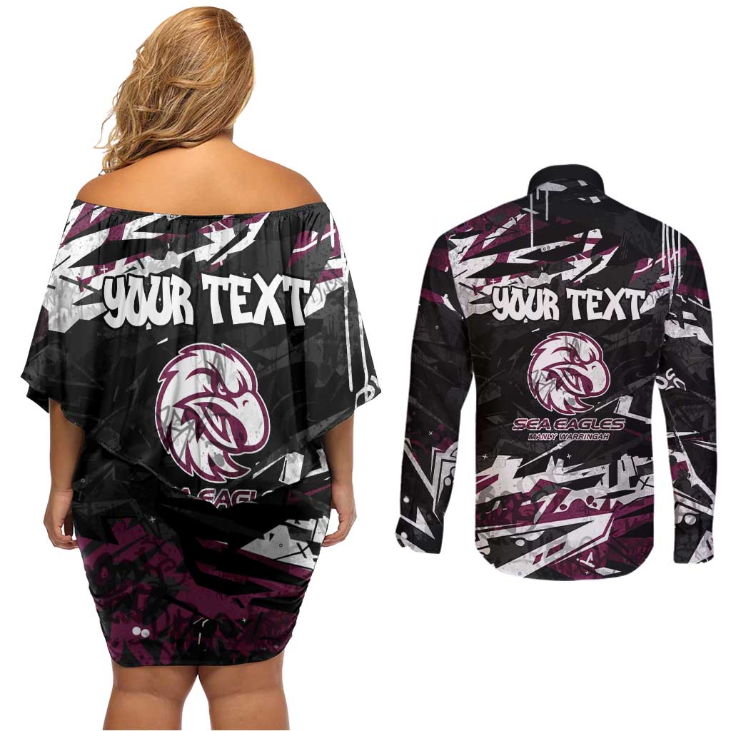 Personalized Manly Warringah Sea Eagles Couples Matching Off Shoulder Short Dress and Long Sleeve Button Shirt Graffiti Grunge Abstract Urban Street Style Design