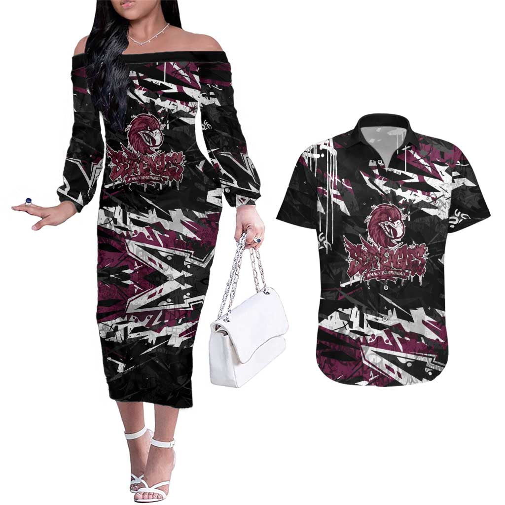 Personalized Manly Warringah Sea Eagles Couples Matching Off The Shoulder Long Sleeve Dress and Hawaiian Shirt Graffiti Grunge Abstract Urban Street Style Design