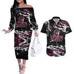 Personalized Manly Warringah Sea Eagles Couples Matching Off The Shoulder Long Sleeve Dress and Hawaiian Shirt Graffiti Grunge Abstract Urban Street Style Design