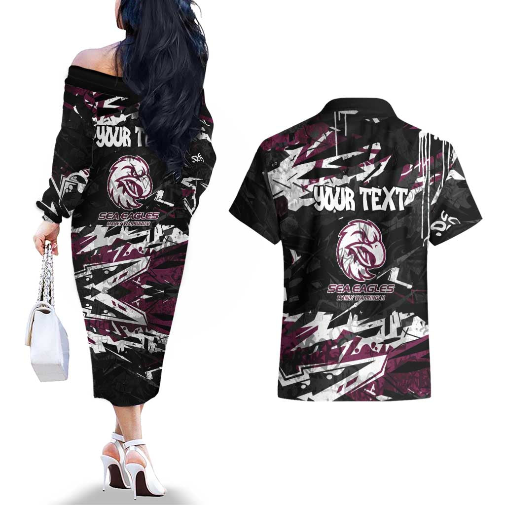 Personalized Manly Warringah Sea Eagles Couples Matching Off The Shoulder Long Sleeve Dress and Hawaiian Shirt Graffiti Grunge Abstract Urban Street Style Design