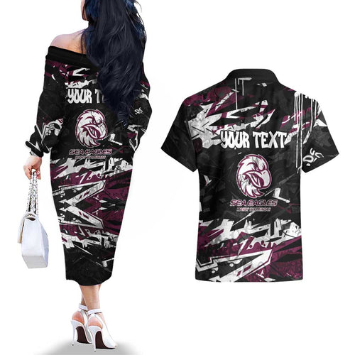 Personalized Manly Warringah Sea Eagles Couples Matching Off The Shoulder Long Sleeve Dress and Hawaiian Shirt Graffiti Grunge Abstract Urban Street Style Design