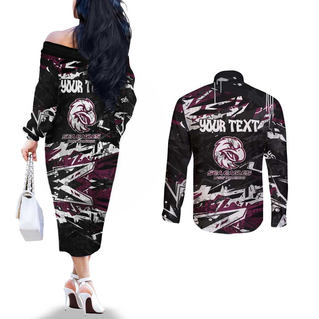 Personalized Manly Warringah Sea Eagles Couples Matching Off The Shoulder Long Sleeve Dress and Long Sleeve Button Shirt Graffiti Grunge Abstract Urban Street Style Design