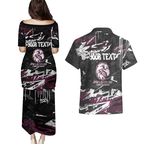 Personalized Manly Warringah Sea Eagles Couples Matching Puletasi and Hawaiian Shirt Graffiti Grunge Abstract Urban Street Style Design
