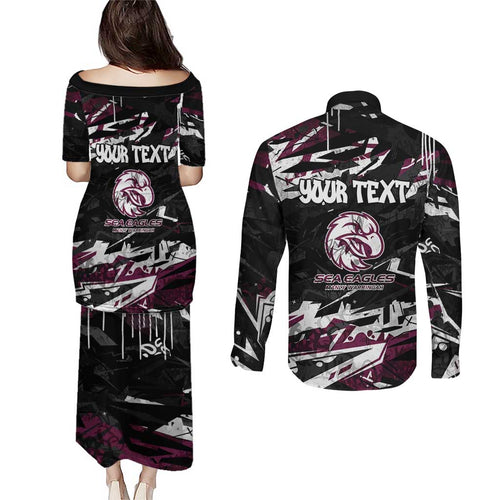 Personalized Manly Warringah Sea Eagles Couples Matching Puletasi and Long Sleeve Button Shirt Graffiti Grunge Abstract Urban Street Style Design