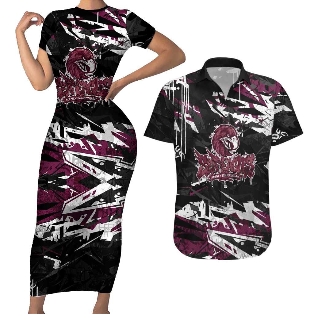 Personalized Manly Warringah Sea Eagles Couples Matching Short Sleeve Bodycon Dress and Hawaiian Shirt Graffiti Grunge Abstract Urban Street Style Design