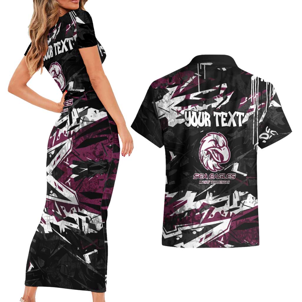 Personalized Manly Warringah Sea Eagles Couples Matching Short Sleeve Bodycon Dress and Hawaiian Shirt Graffiti Grunge Abstract Urban Street Style Design