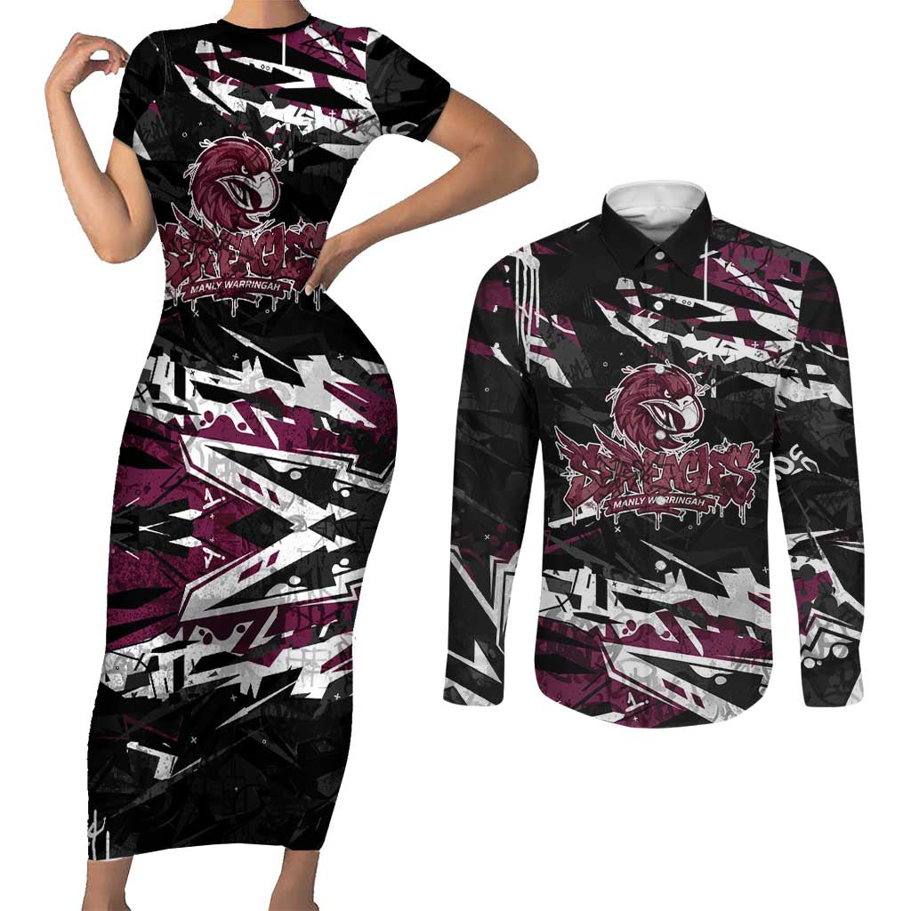 Personalized Manly Warringah Sea Eagles Couples Matching Short Sleeve Bodycon Dress and Long Sleeve Button Shirt Graffiti Grunge Abstract Urban Street Style Design