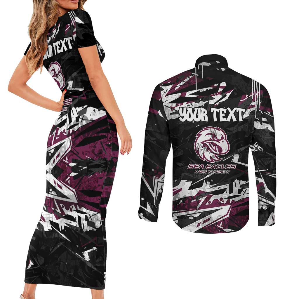 Personalized Manly Warringah Sea Eagles Couples Matching Short Sleeve Bodycon Dress and Long Sleeve Button Shirt Graffiti Grunge Abstract Urban Street Style Design