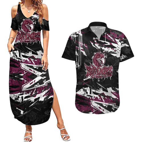 Personalized Manly Warringah Sea Eagles Couples Matching Summer Maxi Dress and Hawaiian Shirt Graffiti Grunge Abstract Urban Street Style Design