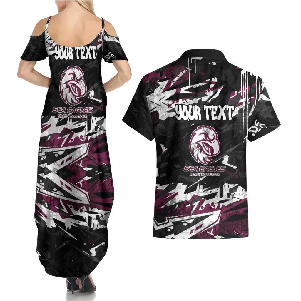 Personalized Manly Warringah Sea Eagles Couples Matching Summer Maxi Dress and Hawaiian Shirt Graffiti Grunge Abstract Urban Street Style Design