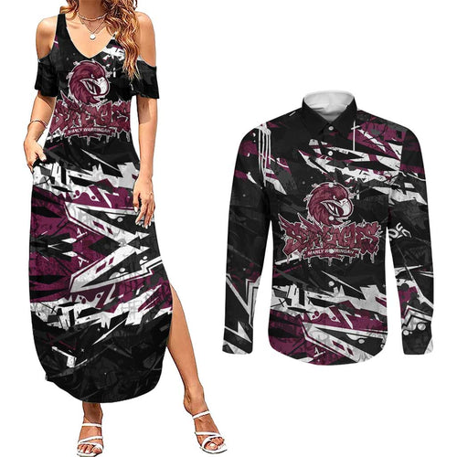 Personalized Manly Warringah Sea Eagles Couples Matching Summer Maxi Dress and Long Sleeve Button Shirt Graffiti Grunge Abstract Urban Street Style Design