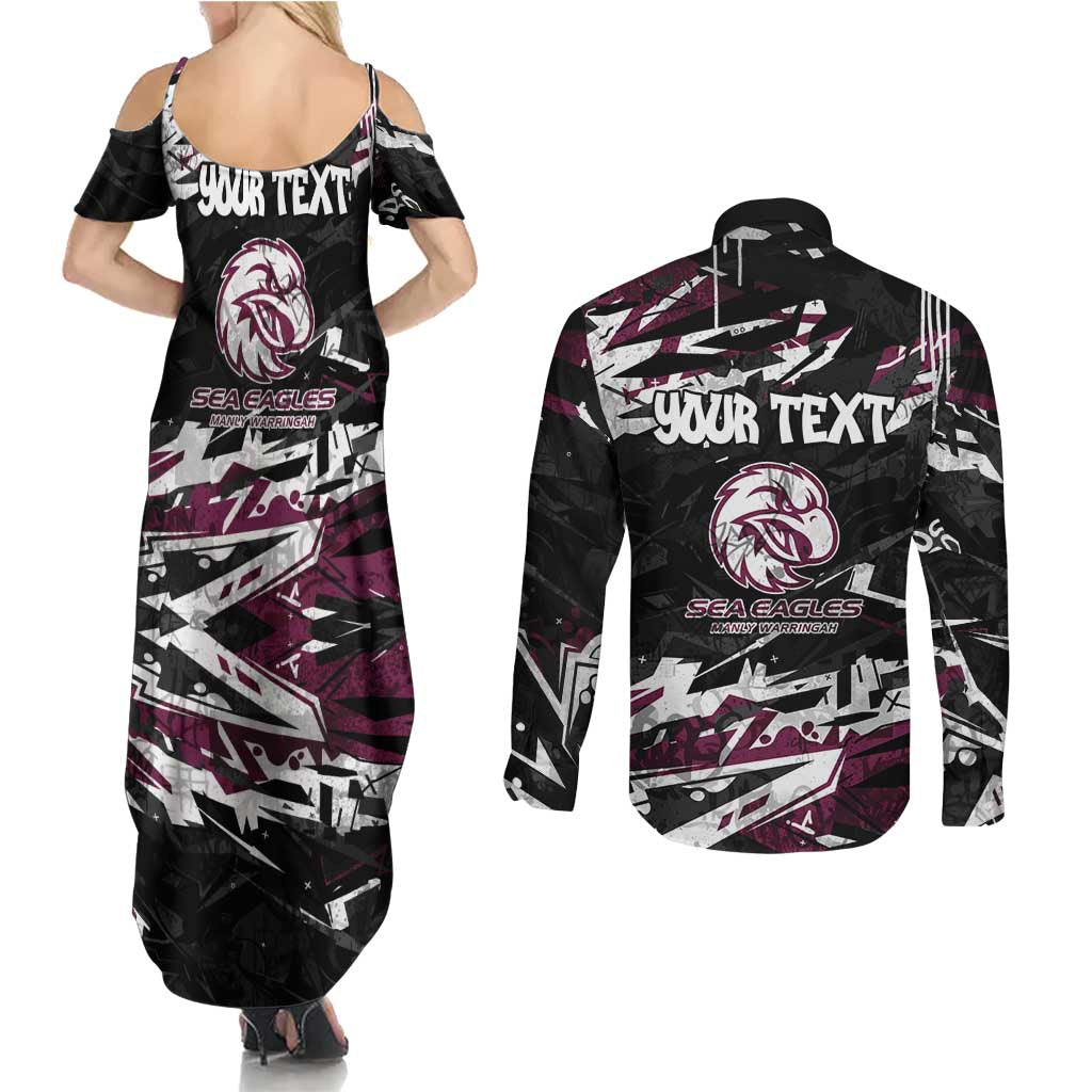 Personalized Manly Warringah Sea Eagles Couples Matching Summer Maxi Dress and Long Sleeve Button Shirt Graffiti Grunge Abstract Urban Street Style Design