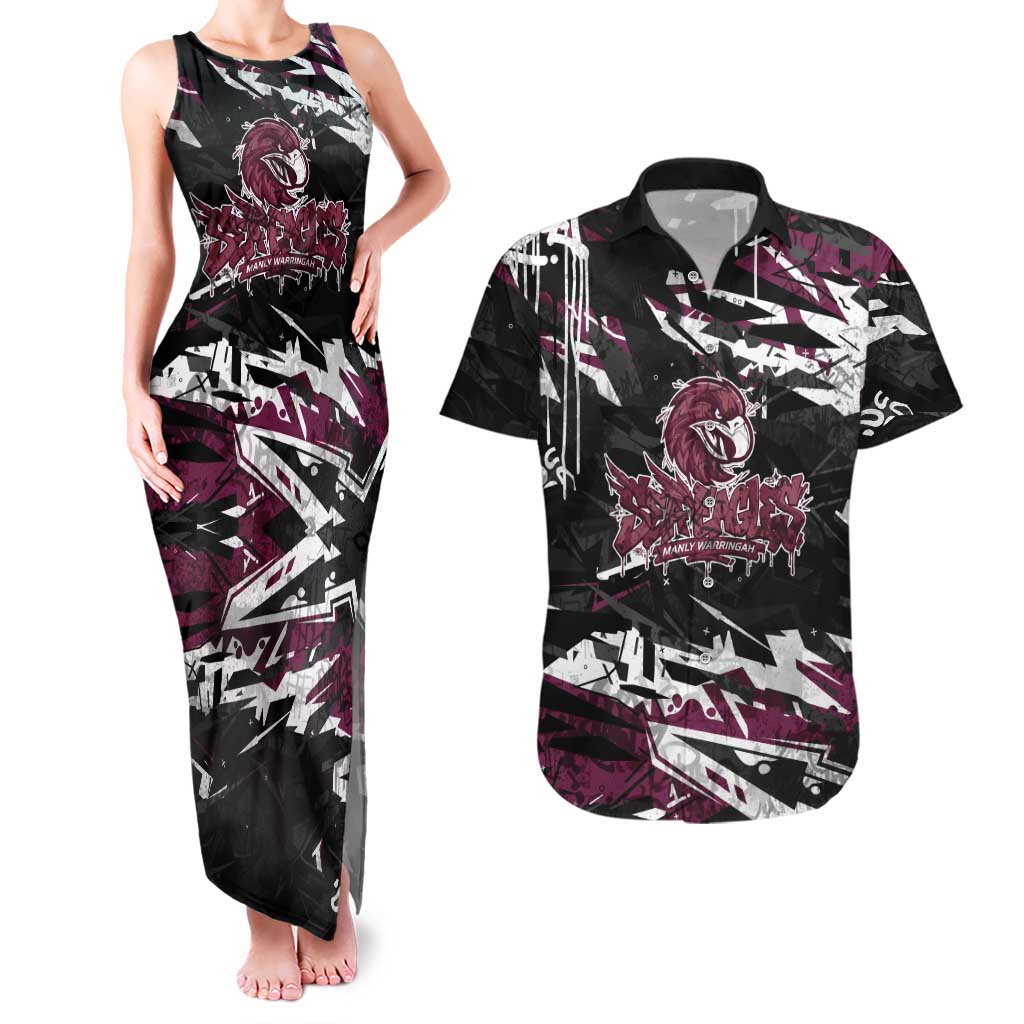 Personalized Manly Warringah Sea Eagles Couples Matching Tank Maxi Dress and Hawaiian Shirt Graffiti Grunge Abstract Urban Street Style Design