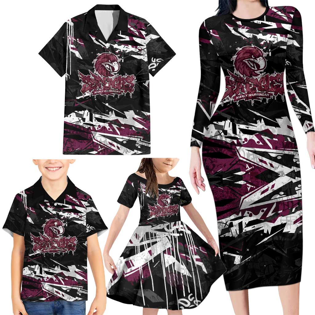 Personalized Manly Warringah Sea Eagles Family Matching Long Sleeve Bodycon Dress and Hawaiian Shirt Graffiti Grunge Abstract Urban Street Style Design