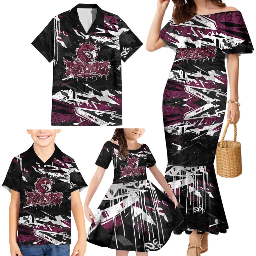 Personalized Manly Warringah Sea Eagles Family Matching Mermaid Dress and Hawaiian Shirt Graffiti Grunge Abstract Urban Street Style Design