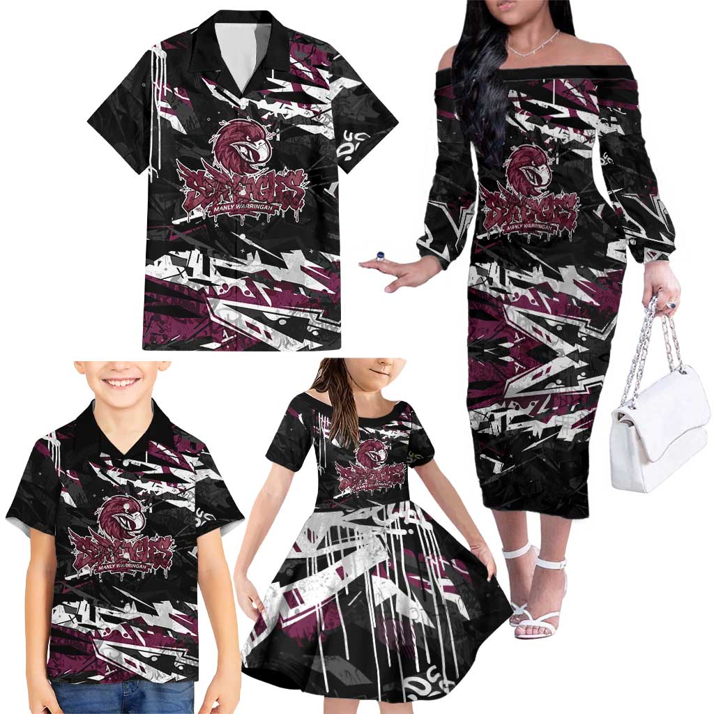 Personalized Manly Warringah Sea Eagles Family Matching Off The Shoulder Long Sleeve Dress and Hawaiian Shirt Graffiti Grunge Abstract Urban Street Style Design