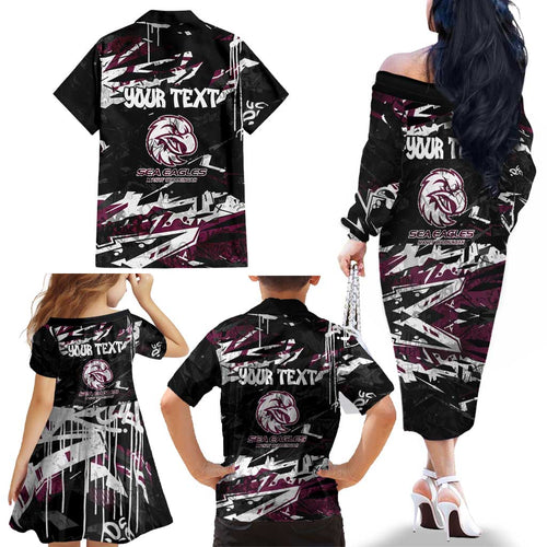 Personalized Manly Warringah Sea Eagles Family Matching Off The Shoulder Long Sleeve Dress and Hawaiian Shirt Graffiti Grunge Abstract Urban Street Style Design