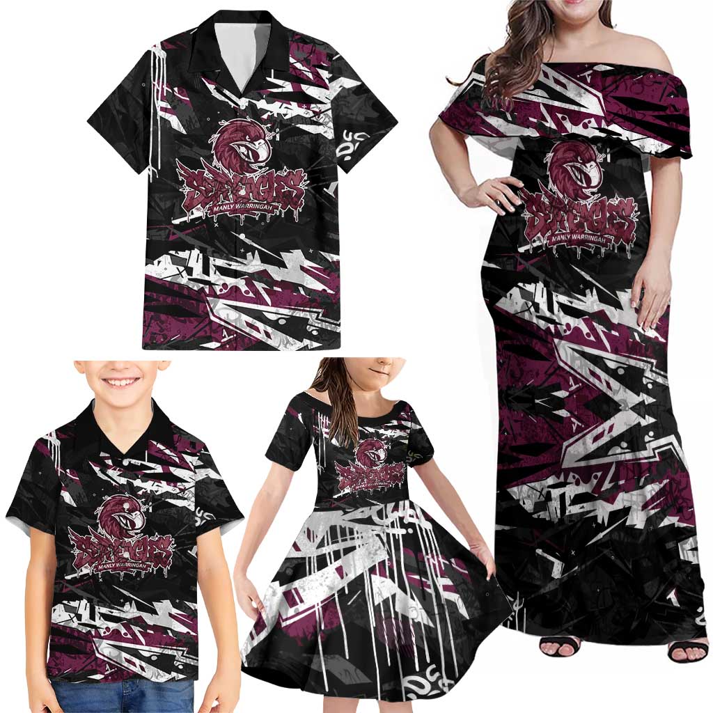 Personalized Manly Warringah Sea Eagles Family Matching Off Shoulder Maxi Dress and Hawaiian Shirt Graffiti Grunge Abstract Urban Street Style Design
