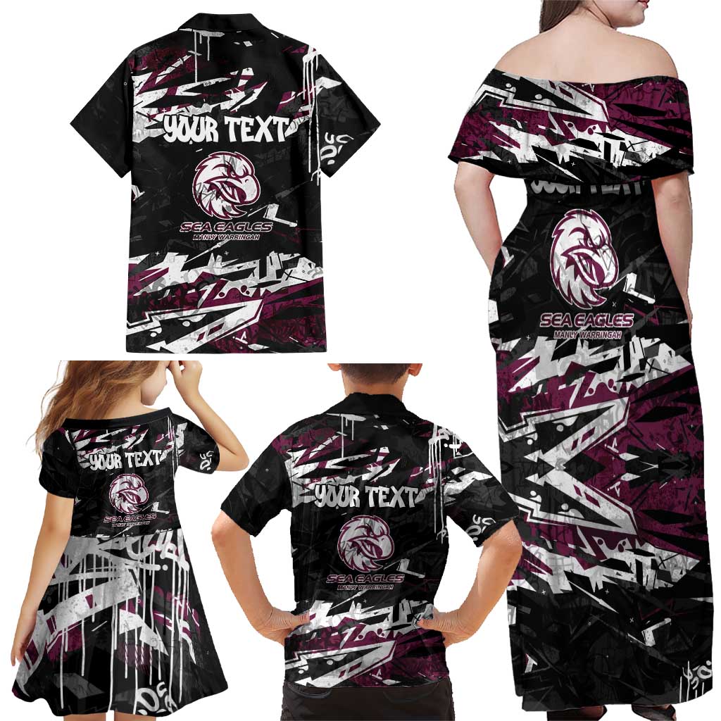 Personalized Manly Warringah Sea Eagles Family Matching Off Shoulder Maxi Dress and Hawaiian Shirt Graffiti Grunge Abstract Urban Street Style Design