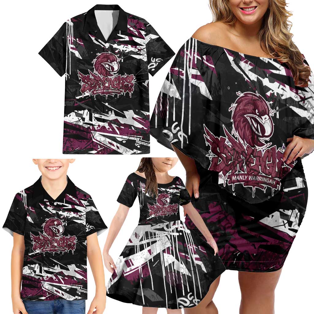 Personalized Manly Warringah Sea Eagles Family Matching Off Shoulder Short Dress and Hawaiian Shirt Graffiti Grunge Abstract Urban Street Style Design