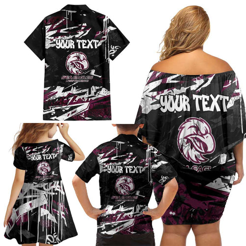 Personalized Manly Warringah Sea Eagles Family Matching Off Shoulder Short Dress and Hawaiian Shirt Graffiti Grunge Abstract Urban Street Style Design