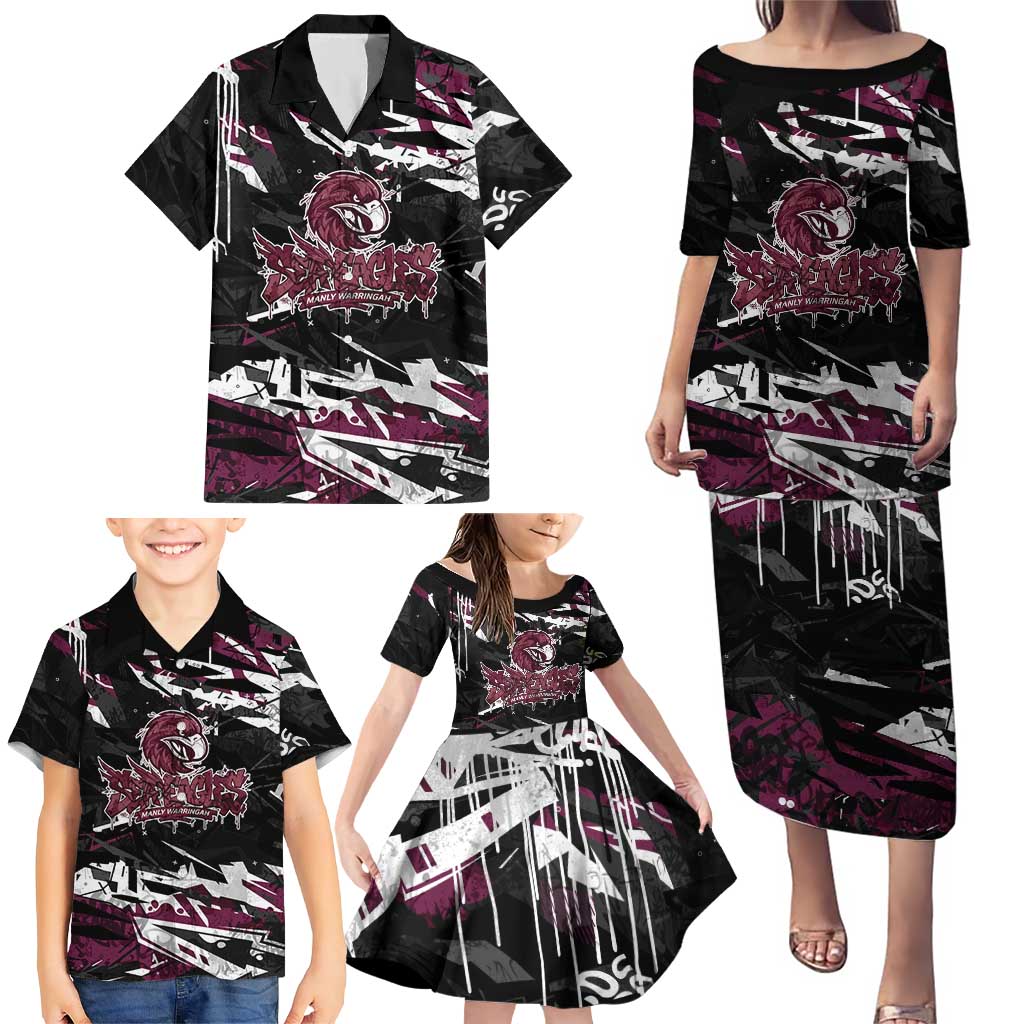 Personalized Manly Warringah Sea Eagles Family Matching Puletasi and Hawaiian Shirt Graffiti Grunge Abstract Urban Street Style Design