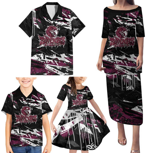 Personalized Manly Warringah Sea Eagles Family Matching Puletasi and Hawaiian Shirt Graffiti Grunge Abstract Urban Street Style Design