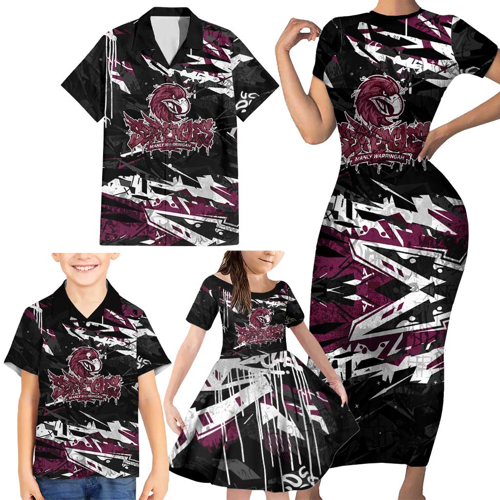 Personalized Manly Warringah Sea Eagles Family Matching Short Sleeve Bodycon Dress and Hawaiian Shirt Graffiti Grunge Abstract Urban Street Style Design