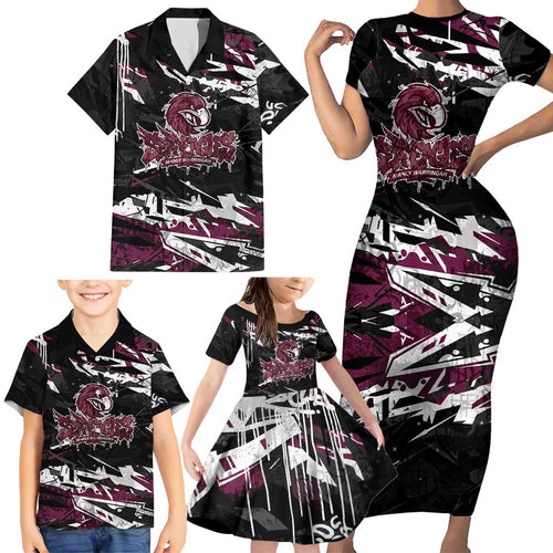 Personalized Manly Warringah Sea Eagles Family Matching Short Sleeve Bodycon Dress and Hawaiian Shirt Graffiti Grunge Abstract Urban Street Style Design