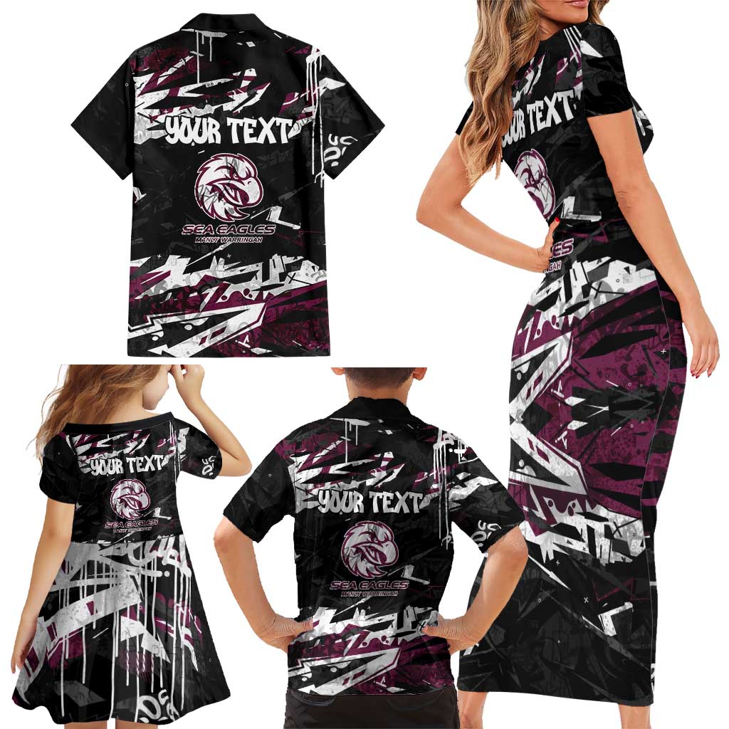 Personalized Manly Warringah Sea Eagles Family Matching Short Sleeve Bodycon Dress and Hawaiian Shirt Graffiti Grunge Abstract Urban Street Style Design