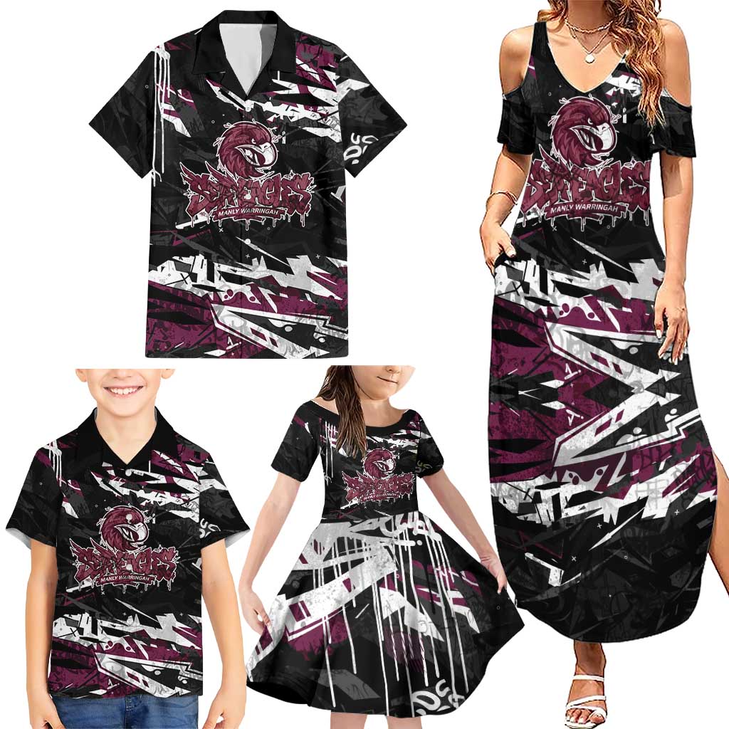 Personalized Manly Warringah Sea Eagles Family Matching Summer Maxi Dress and Hawaiian Shirt Graffiti Grunge Abstract Urban Street Style Design