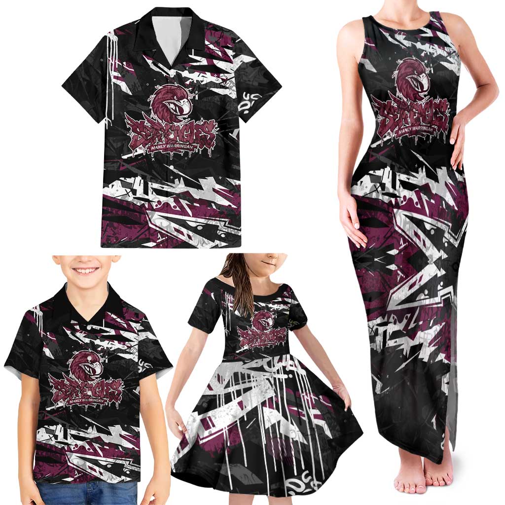 Personalized Manly Warringah Sea Eagles Family Matching Tank Maxi Dress and Hawaiian Shirt Graffiti Grunge Abstract Urban Street Style Design