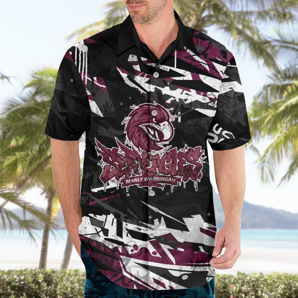 Personalized Manly Warringah Sea Eagles Hawaiian Shirt Graffiti Grunge Abstract Urban Street Style Design