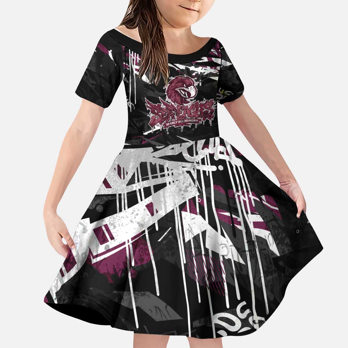 Personalized Manly Warringah Sea Eagles Kid Short Sleeve Dress Graffiti Grunge Abstract Urban Street Style Design