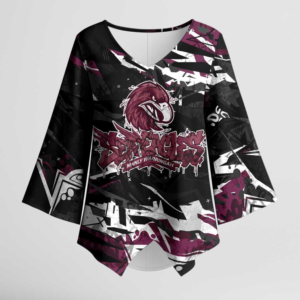 Personalized Manly Warringah Sea Eagles Kimono Sleeve Blouse Graffiti Grunge Abstract Urban Street Style Design