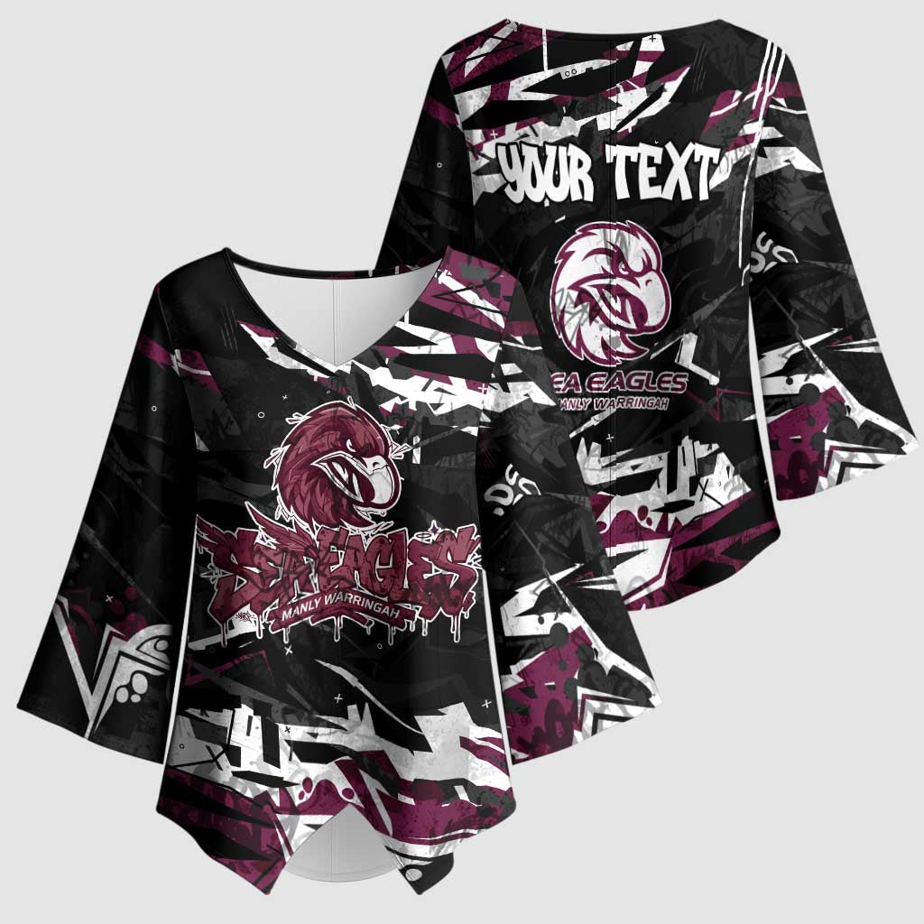 Personalized Manly Warringah Sea Eagles Kimono Sleeve Blouse Graffiti Grunge Abstract Urban Street Style Design