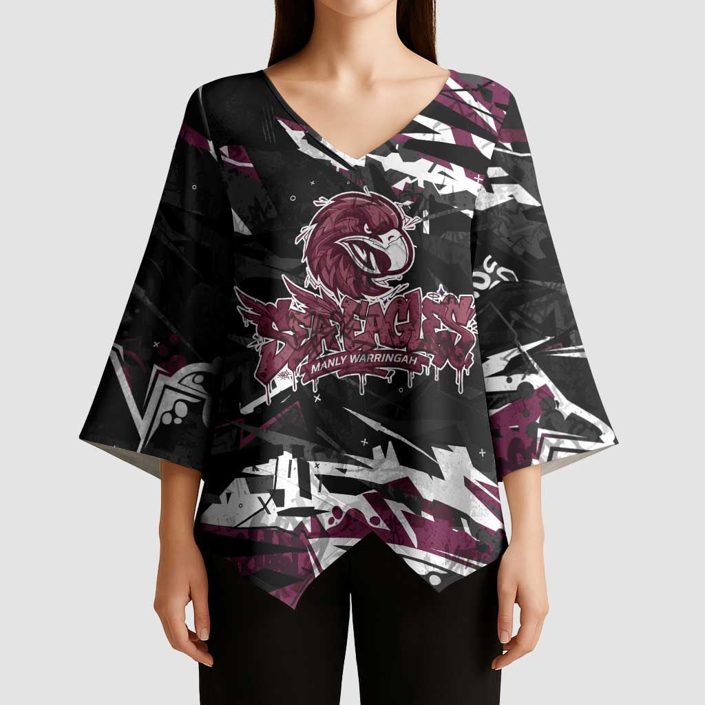 Personalized Manly Warringah Sea Eagles Kimono Sleeve Blouse Graffiti Grunge Abstract Urban Street Style Design