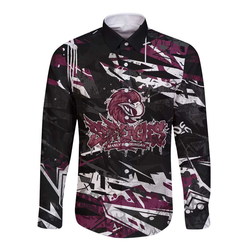 Personalized Manly Warringah Sea Eagles Long Sleeve Button Shirt Graffiti Grunge Abstract Urban Street Style Design
