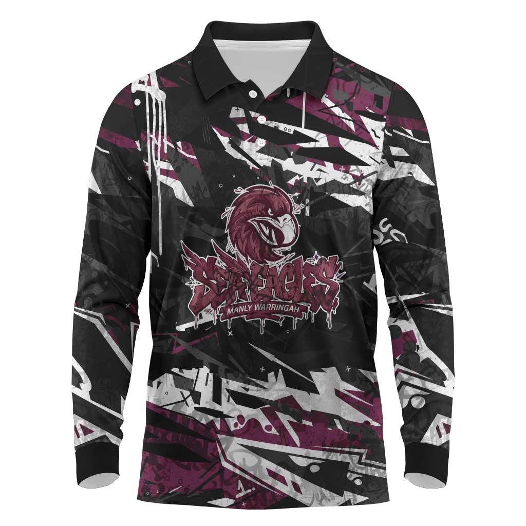 Personalized Manly Warringah Sea Eagles Long Sleeve Polo Shirt Graffiti Grunge Abstract Urban Street Style Design