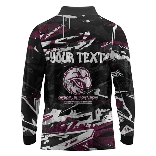Personalized Manly Warringah Sea Eagles Long Sleeve Polo Shirt Graffiti Grunge Abstract Urban Street Style Design
