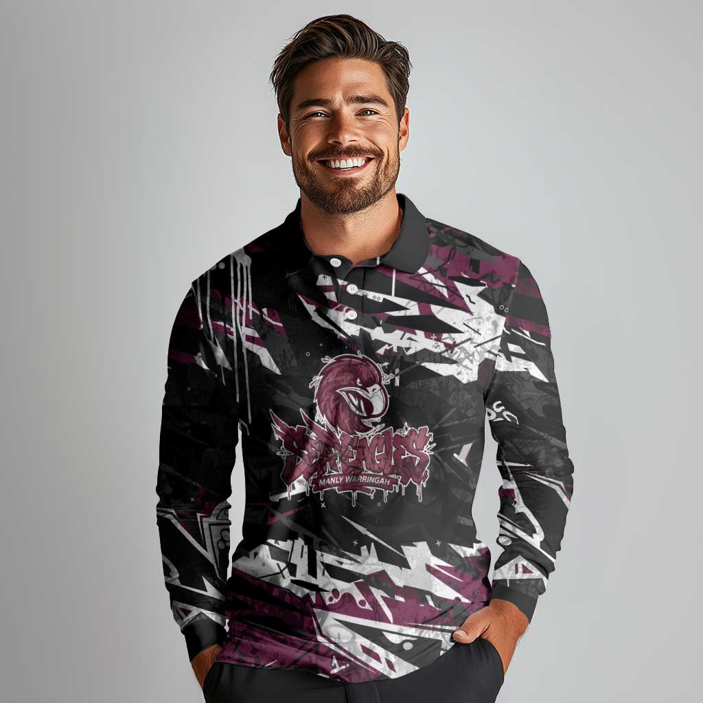 Personalized Manly Warringah Sea Eagles Long Sleeve Polo Shirt Graffiti Grunge Abstract Urban Street Style Design