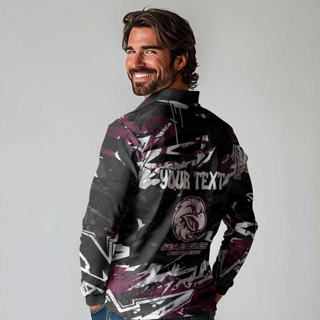 Personalized Manly Warringah Sea Eagles Long Sleeve Polo Shirt Graffiti Grunge Abstract Urban Street Style Design