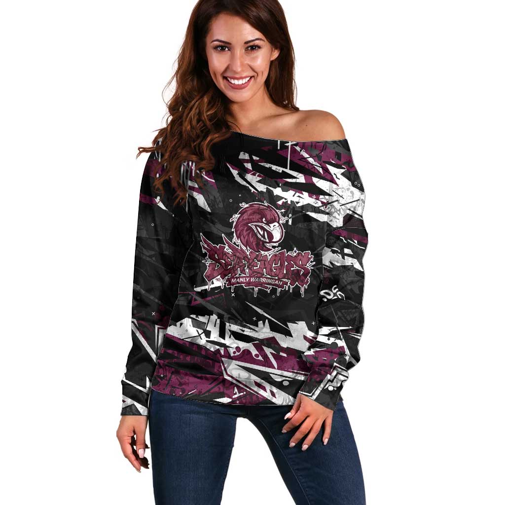 Personalized Manly Warringah Sea Eagles Off Shoulder Sweater Graffiti Grunge Abstract Urban Street Style Design