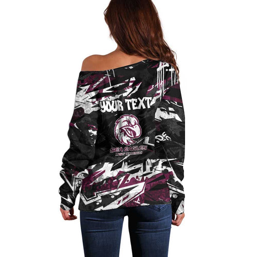 Personalized Manly Warringah Sea Eagles Off Shoulder Sweater Graffiti Grunge Abstract Urban Street Style Design