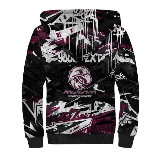 Personalized Manly Warringah Sea Eagles Sherpa Hoodie Graffiti Grunge Abstract Urban Street Style Design
